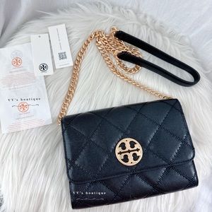 NWT Tory Burch Willa Chain Wallet Crossbody Clutch Quilted Leather Black 87867